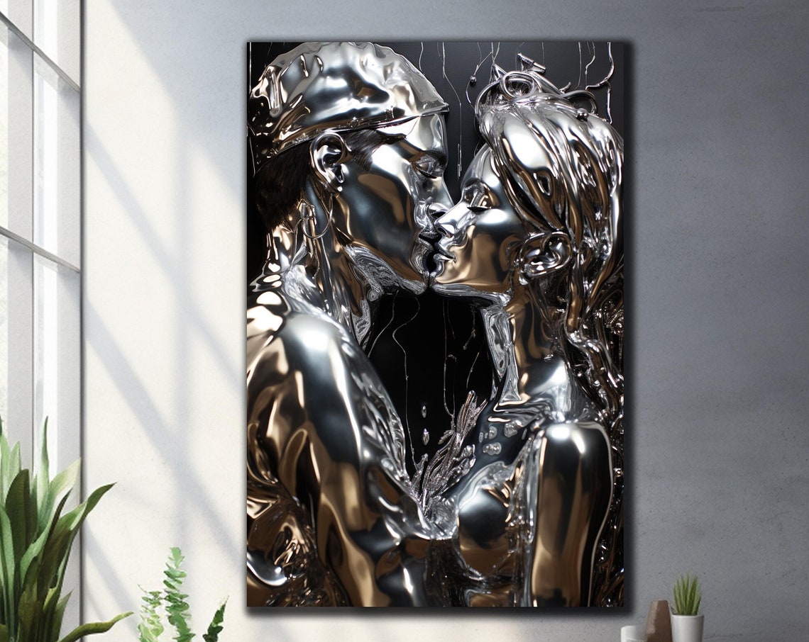 Chrome Silver Kissing Couple Liquid Metal Romantic Art Wall Poster