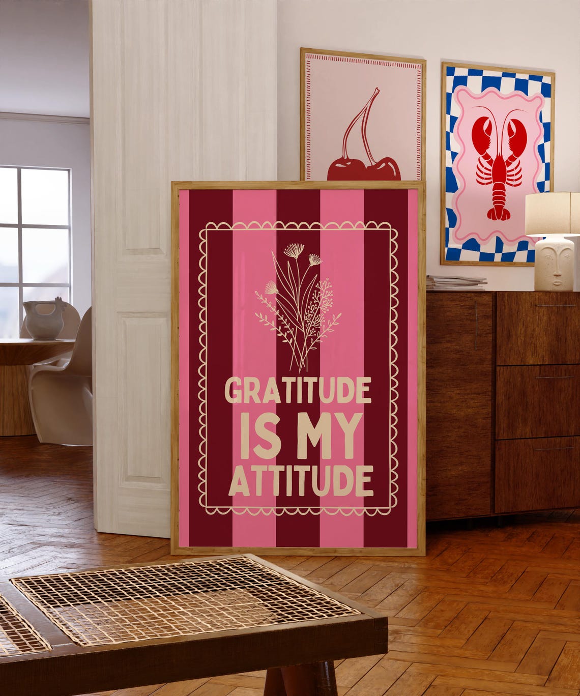 Gratitude Is My Attitude Pink Striped Floral Quote Wall Decor Poster