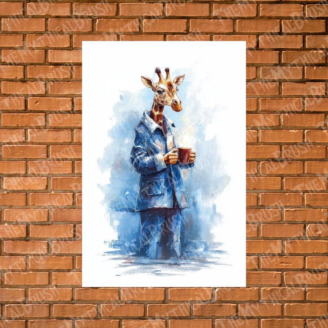 Watercolor Giraffe in Pajamas Holding Coffee Funny Kitchen Poster
