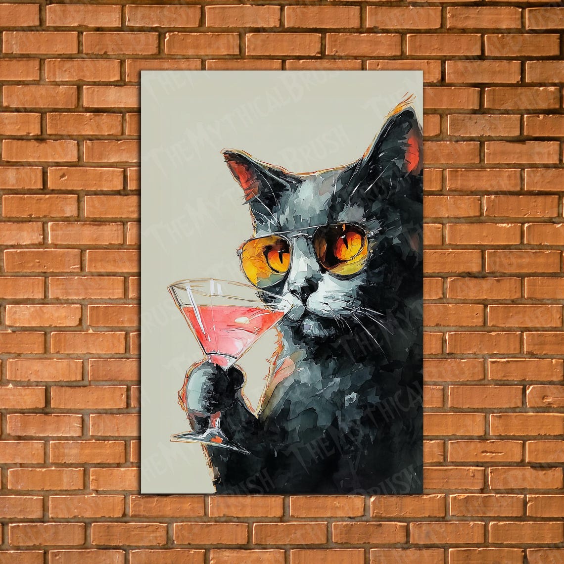 Cool Black Cat With Sunglasses Holding Pink Cocktail Watercolor Poster