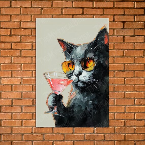 Cool Black Cat With Sunglasses Holding Pink Cocktail Watercolor Poster