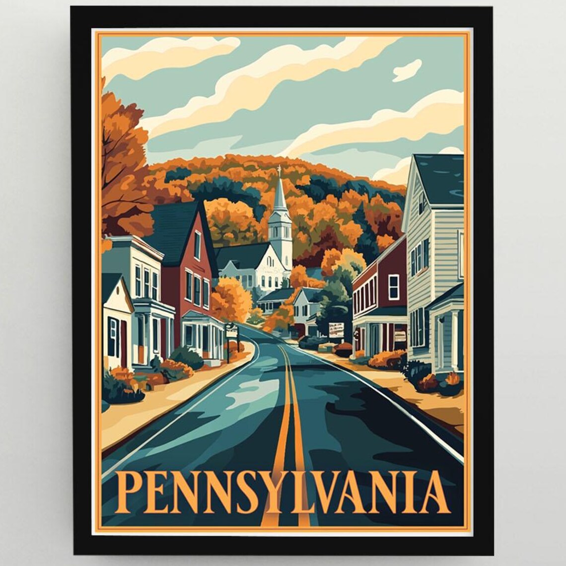 Pennsylvania Small Town Street Autumn Church Vintage Travel Poster