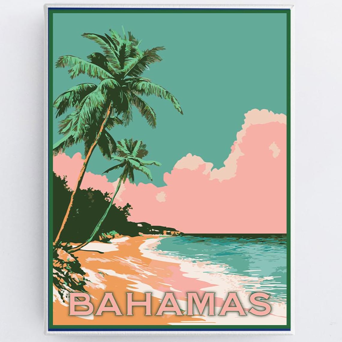 Bahamas Tropical Beach Palm Trees Sunset Vintage Travel Poster