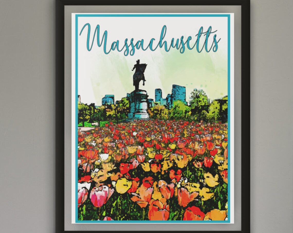 Massachusetts Boston Tulips Public Garden Vintage Travel Poster