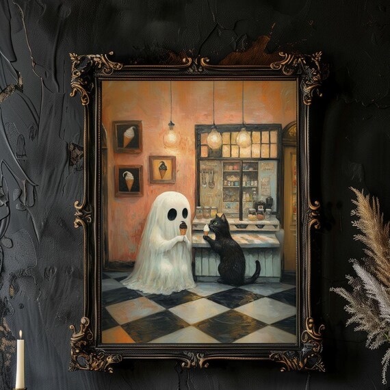 Ghost and Black Cat Sharing Ice Cream in an Old Fashioned Parlor Poster