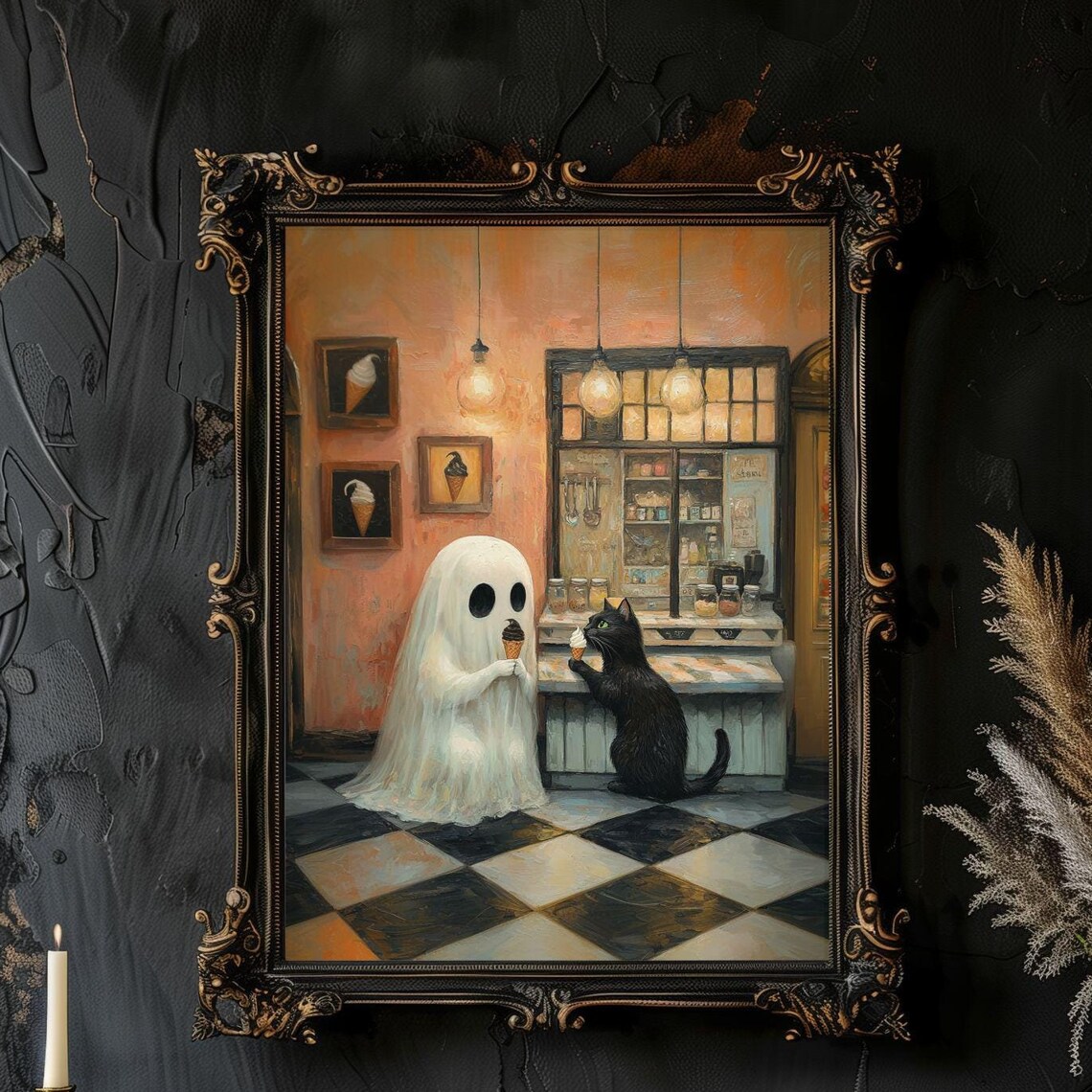 Ghost and Black Cat Sharing Ice Cream in an Old Fashioned Parlor Poster