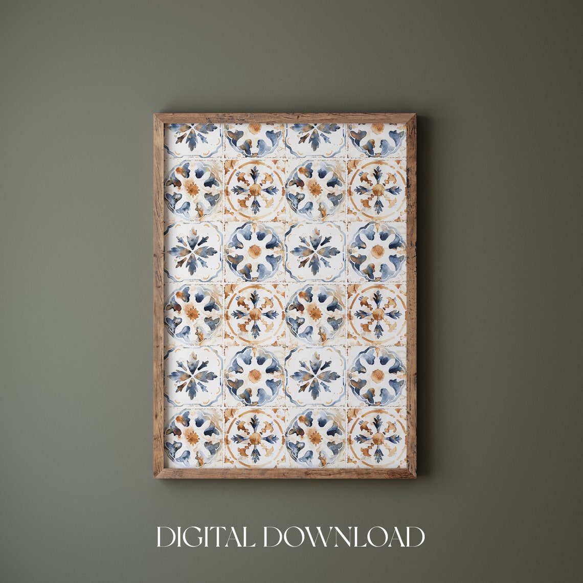 Mediterranean Tile Pattern Blue Brown Watercolor Kitchen Wall Art - Image 4