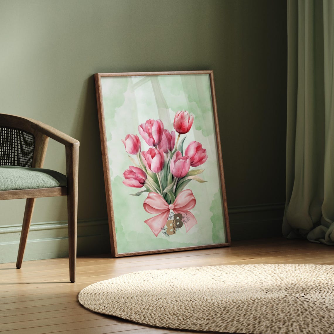 Pink Tulips Tied With a Pink Bow Watercolor Spring Floral Poster