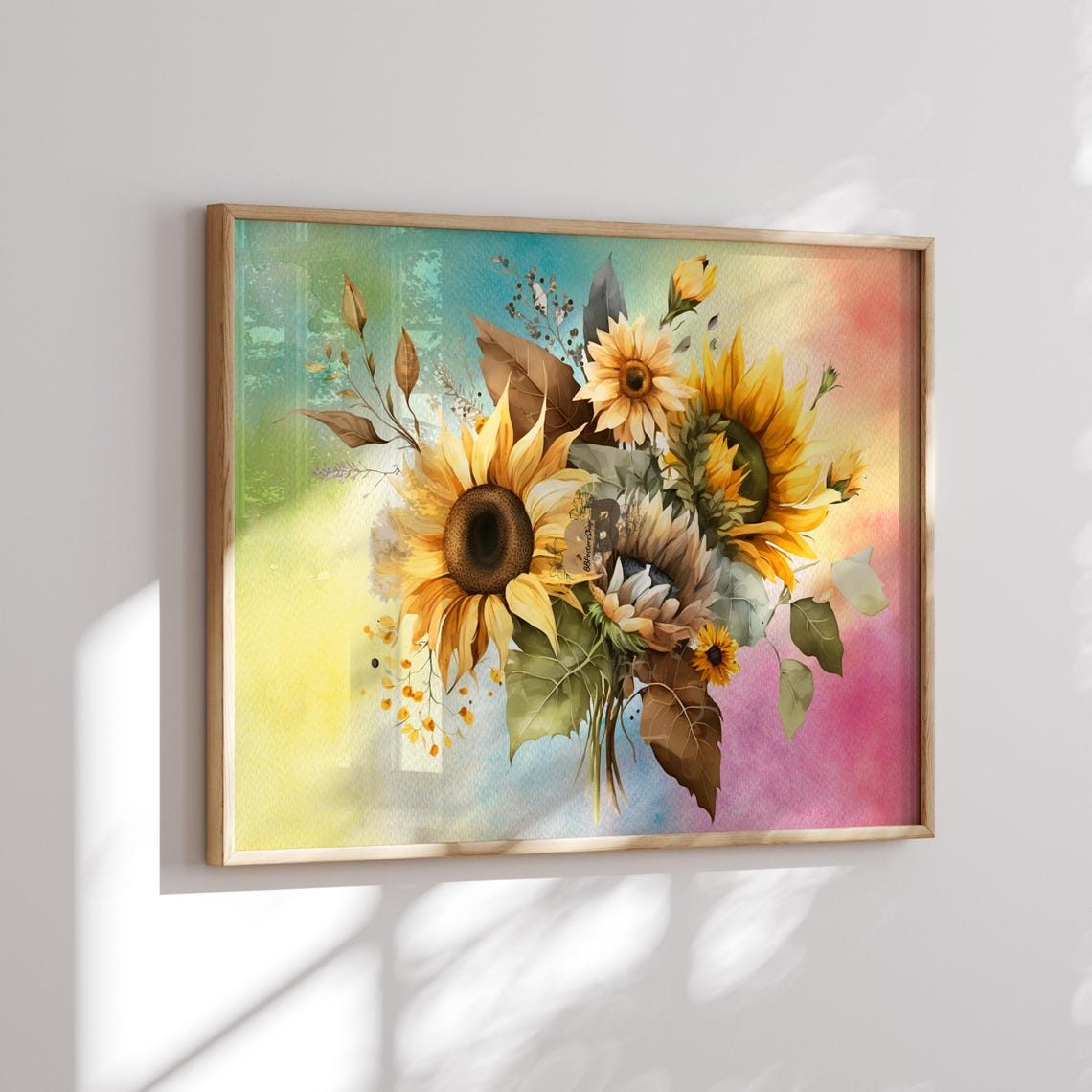 Sunflower Bouquet Over a Vibrant Rainbow Watercolor Floral Poster