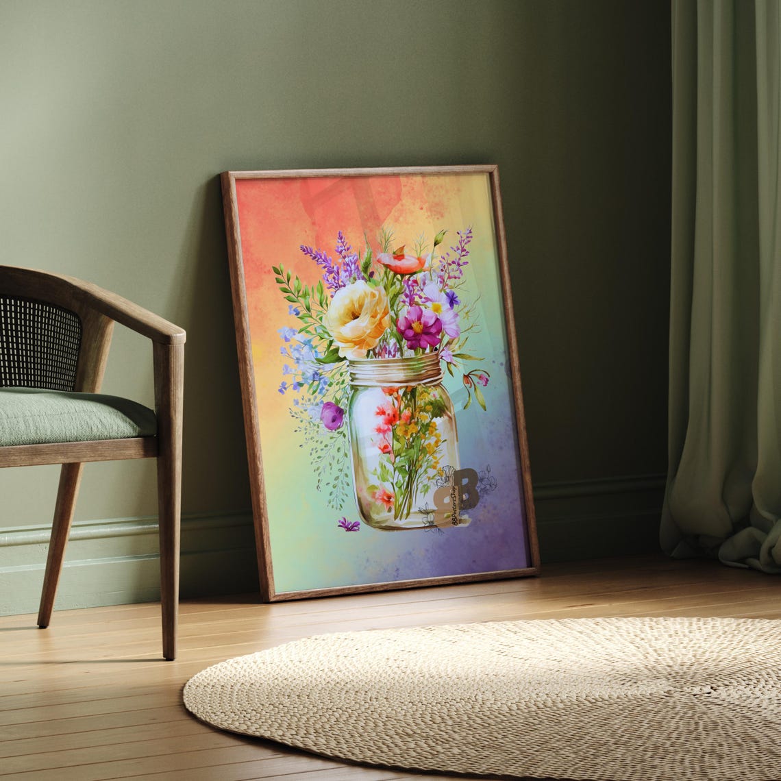 Rainbow Gradient Wildflowers in a Mason Jar on Watercolor Poster