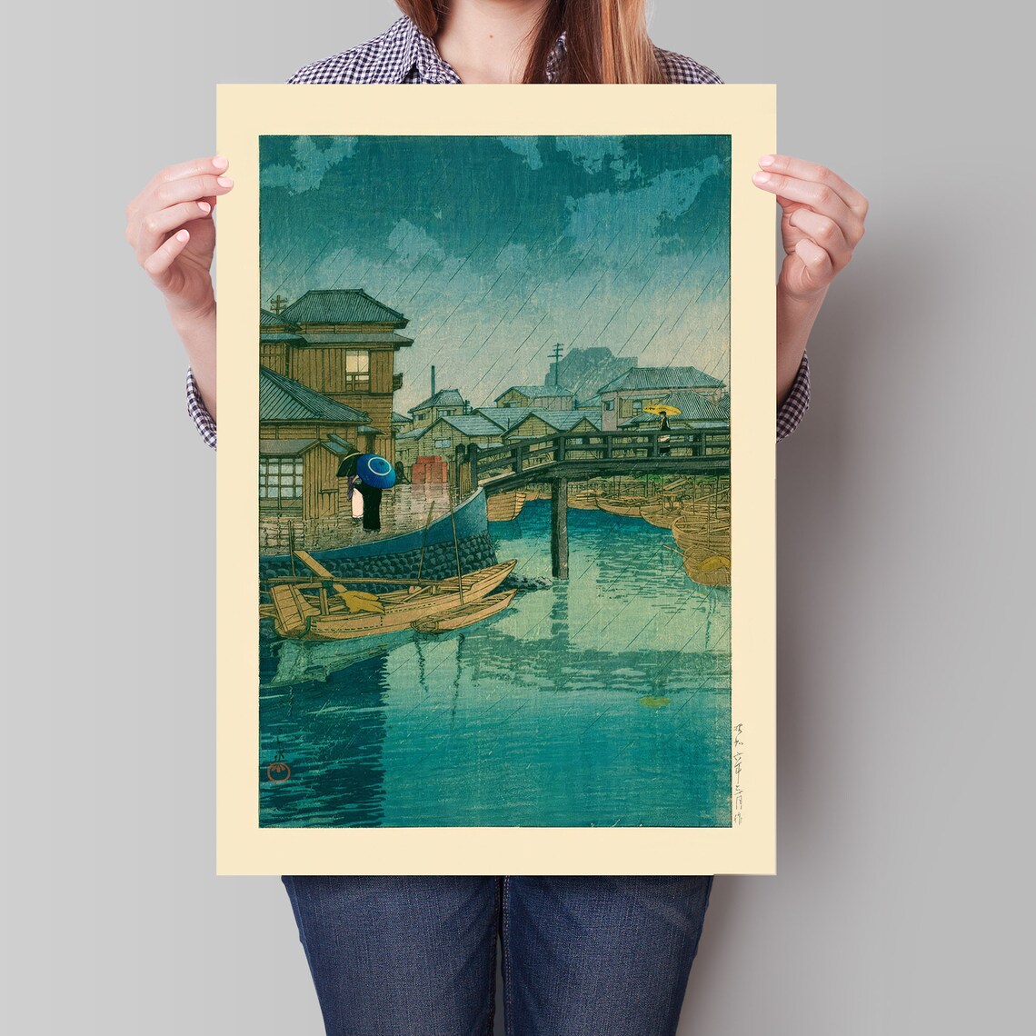 Japanese Rainy Canal Street Boats Woodblock Style Vintage Poster - Image 4