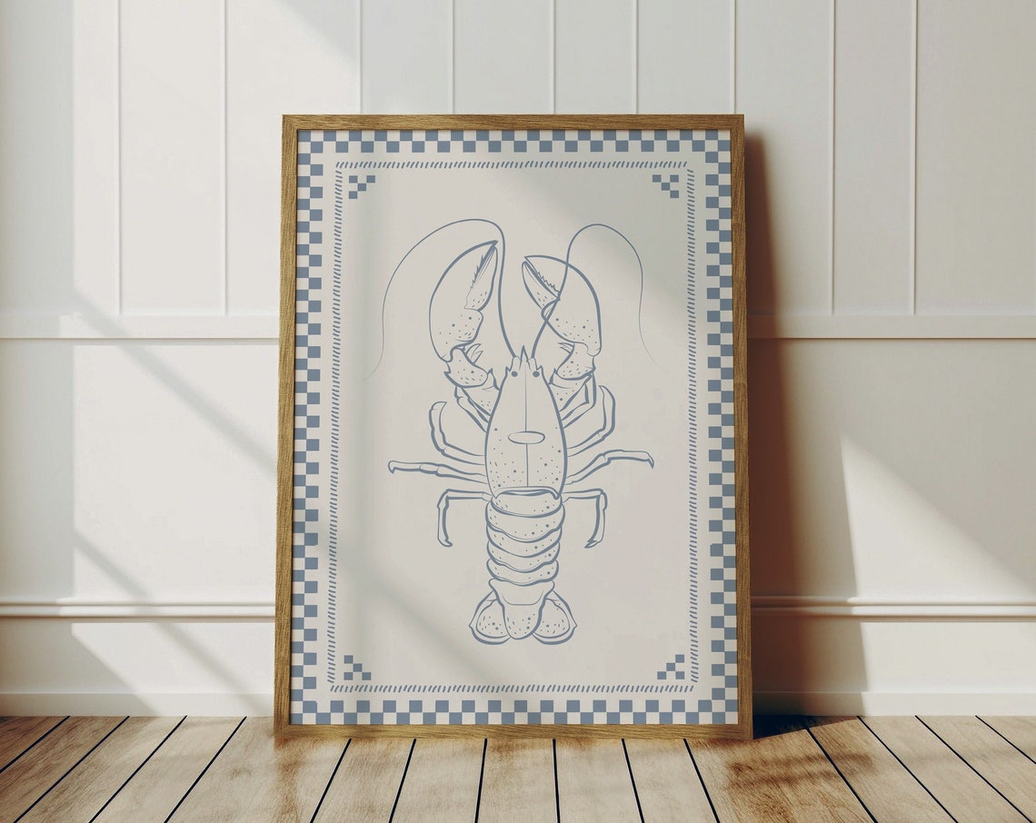 Blue Line Art Lobster Illustration With Checkered Border Print