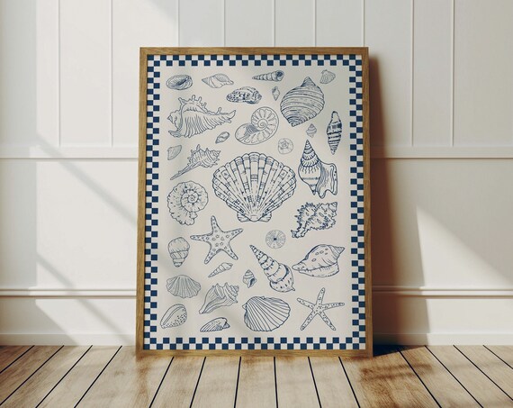 Navy Blue Seashells and Starfish Coastal Illustration Poster