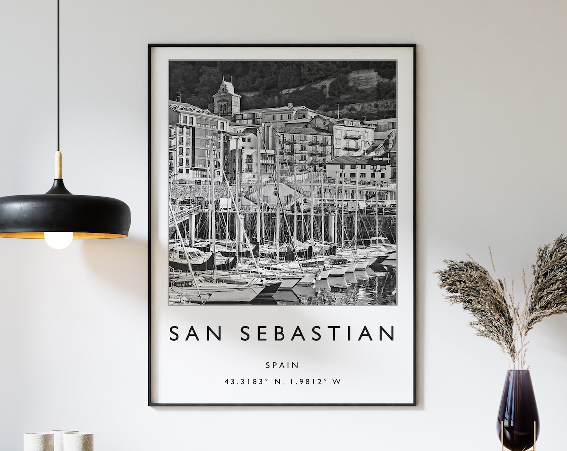 San Sebastian Spain Black and White Marina Sailboat Coordinates Print