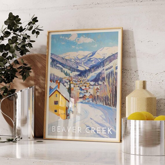 Beaver Creek Colorado Winter Village Ski Poster with Snowy Peaks
