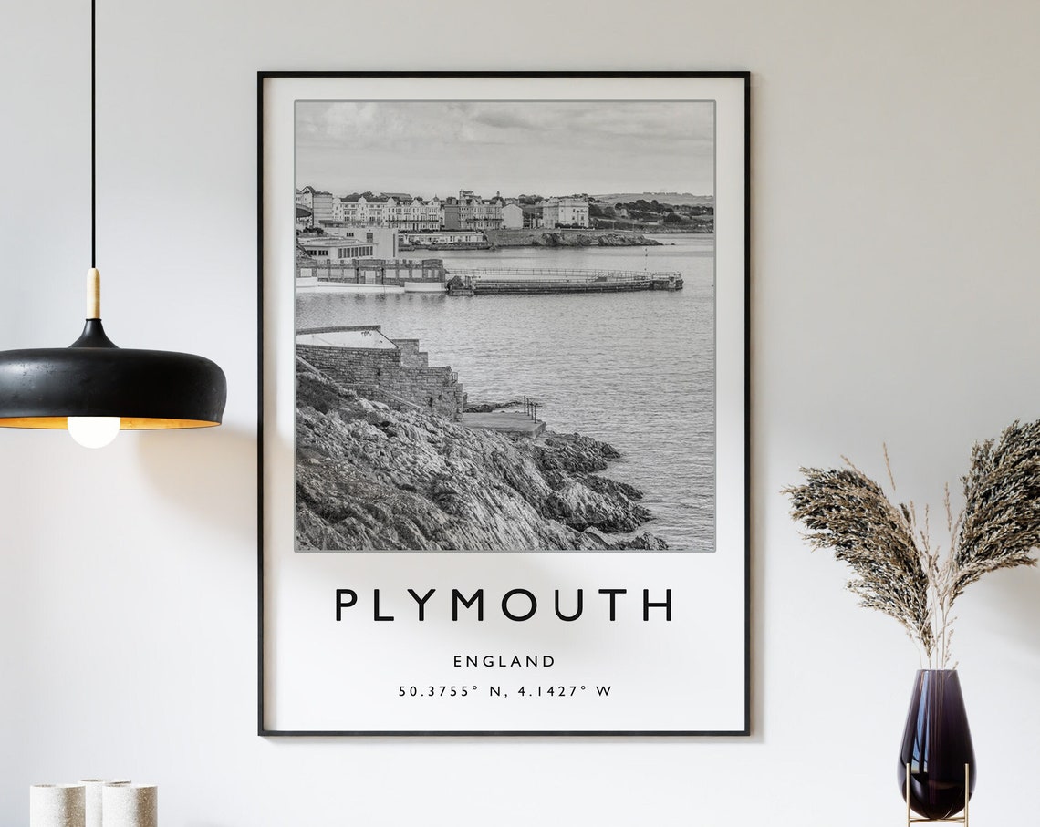 Plymouth Travel Print Plymouth Travel Poster England Travel Print English Print Black And White Travel Poster Travel Art Travel Gift