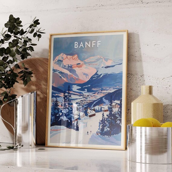Banff Alpenglow Mountain Panorama Valley Town Winter Travel Poster