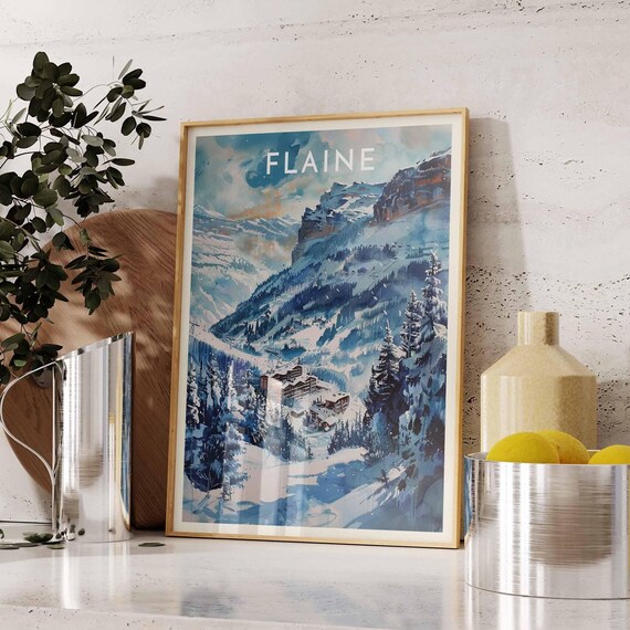 Flaine France Dramatic Cliffs Snowy Path Resort Village Poster