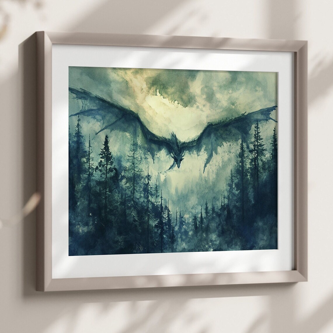 Green Dragon Watercolor Art Print, Dark Academia
