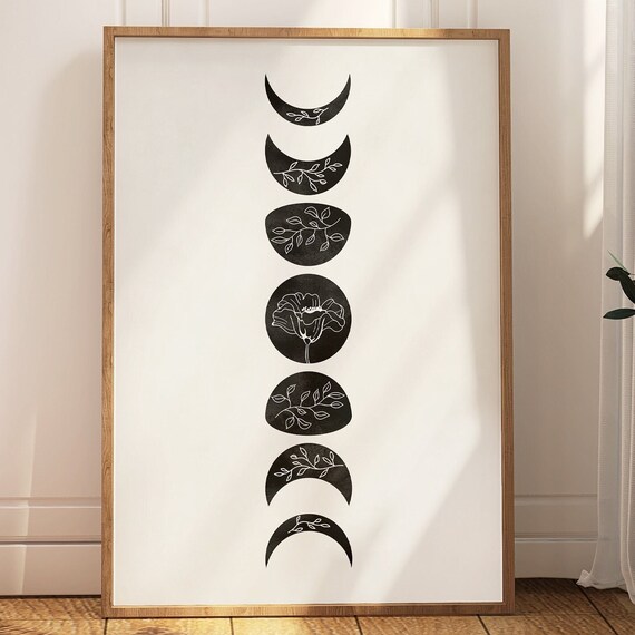 Moon Phase Wall Art Celestial Poster Lunar Phases Wall Decor Monochrome Flower Print Neutral Boho Artwork Modern Geometric Room Decor