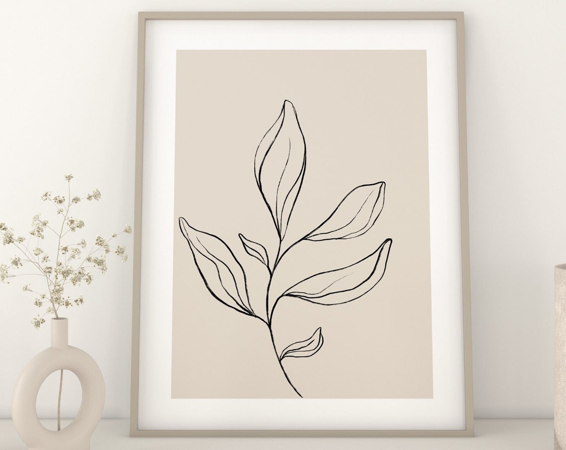 Neutral Botanical Line Art Leaf Branch Beige Minimalist Poster