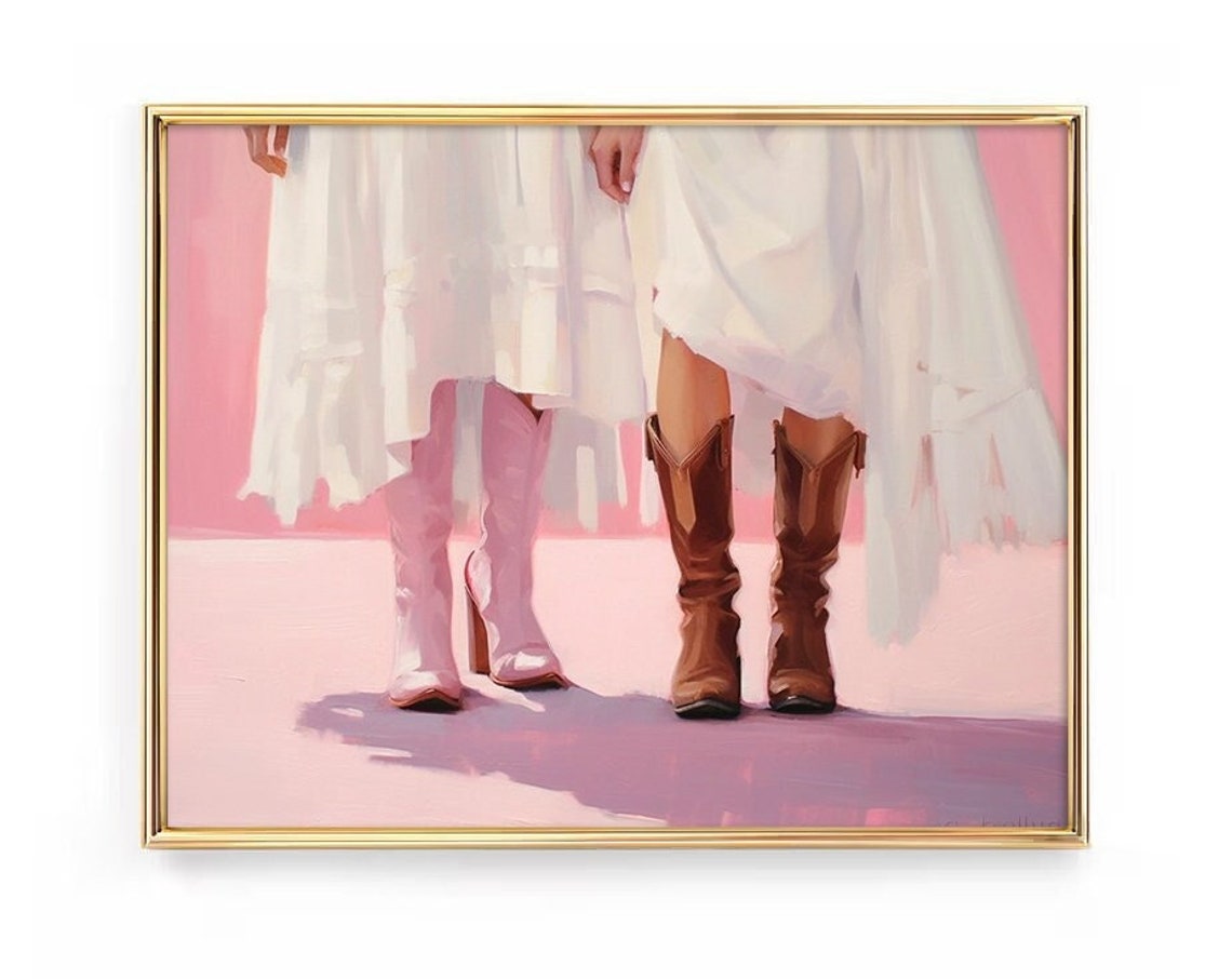 2 Cowgirls In Boots Print Western Country Farmhouse Preppy Painting Poster Pink Boho Wall Art Decor Girly Teen Room Prints Framed Or Canvas