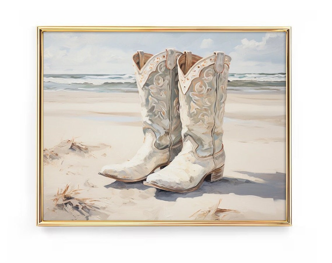 Cowgirl Boots Beach Print Western Country Coastal Farmhouse Painting Howdy Poster Watercolor Boho Wall Art Decor Girl Teen Room Frame Canvas
