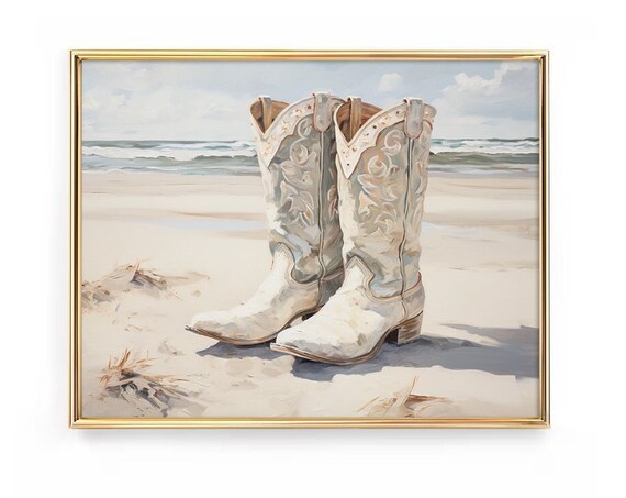 White Cowboy Boots On The Beach Coastal Western Fashion Poster