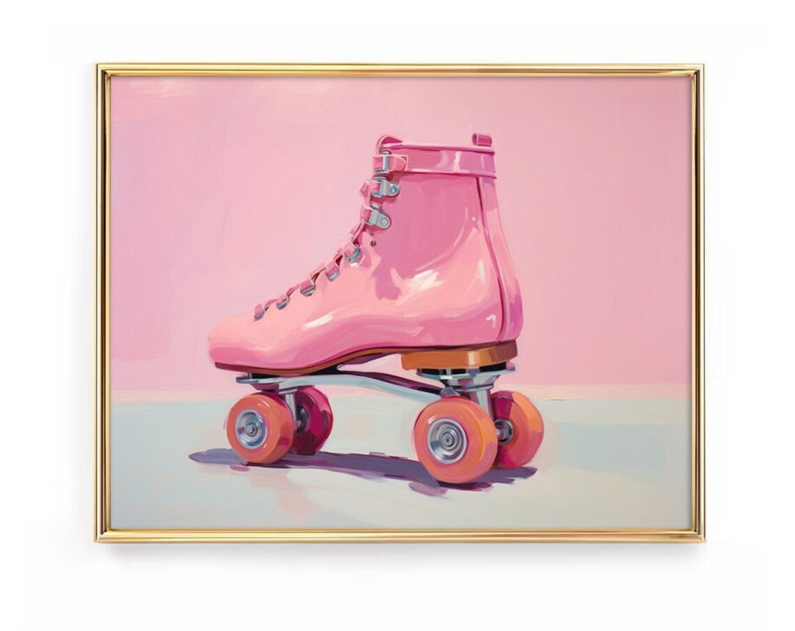 Pink Retro Roller Skate Poster Vintage Pop Art Oil Painting Fun Decor
