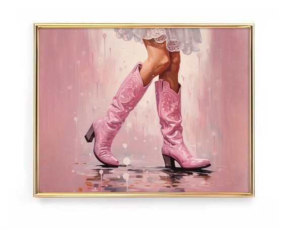 Cowgirl Pink Boots Rain Puddle Western Country Girl Art Poster