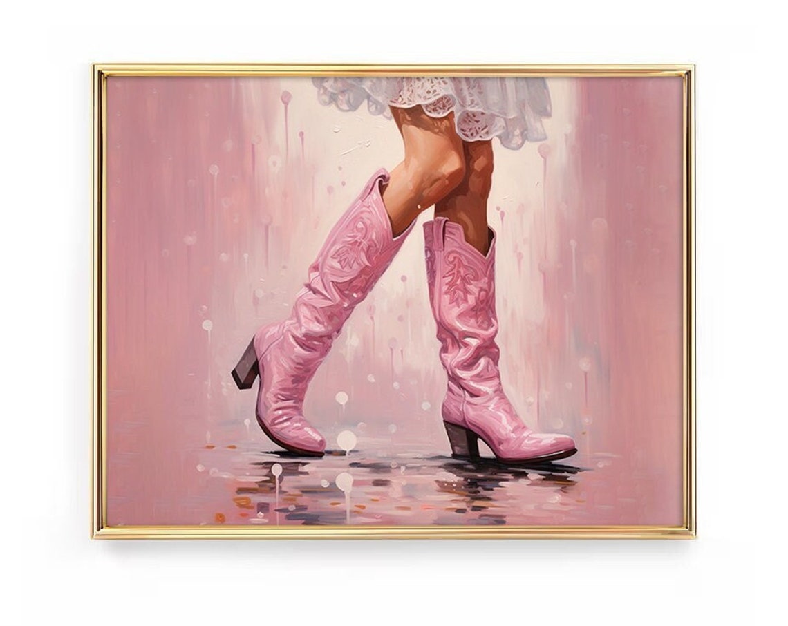 Western Cowgirl In Pink Boots Print Country Farm Watercolor Preppy Painting Poster Boho Wall Art Decor Girly Teen Room Prints Framed Canvas