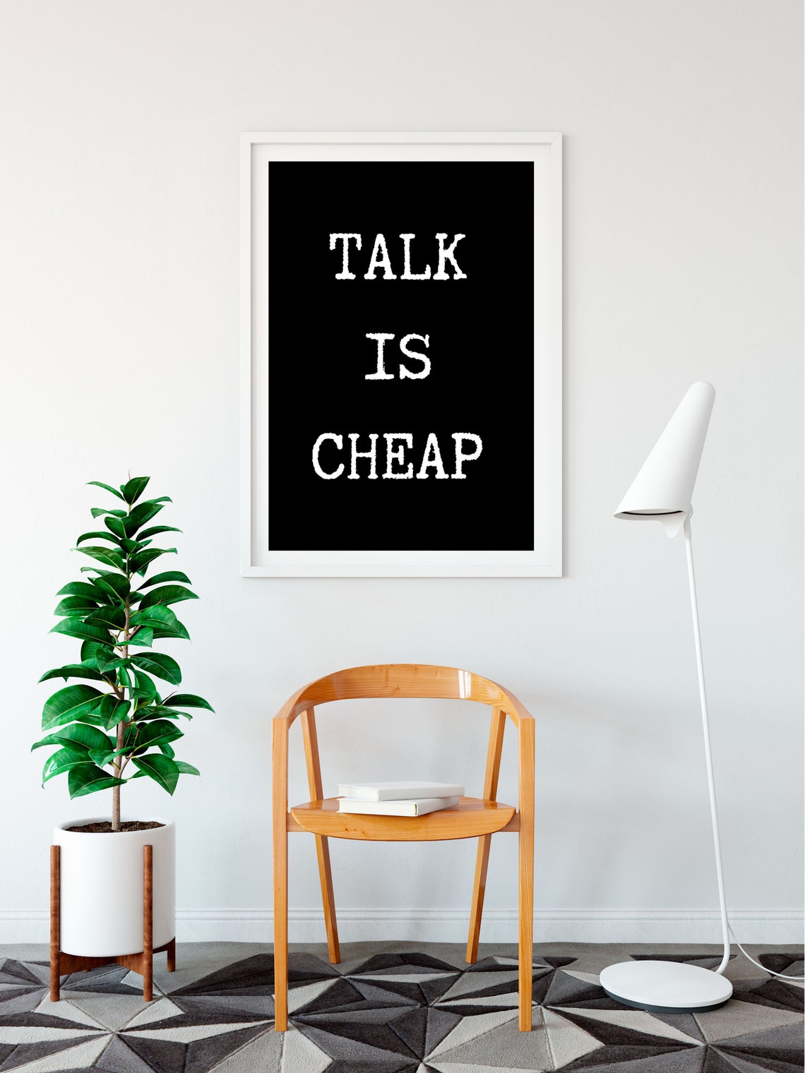 Talk Is Cheap White on Black Reverse Contrast Minimalist Office Poster - Image 2