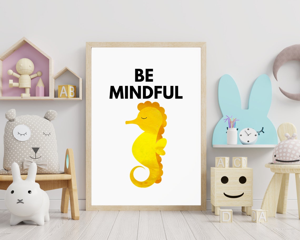 Be Mindful Yellow Watercolor Seahorse Nursery Affirmation Poster - Image 3