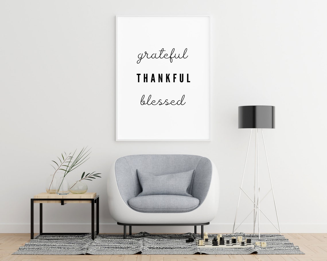 Grateful Thankful Blessed Script Typography Black White Wall Poster - Image 5
