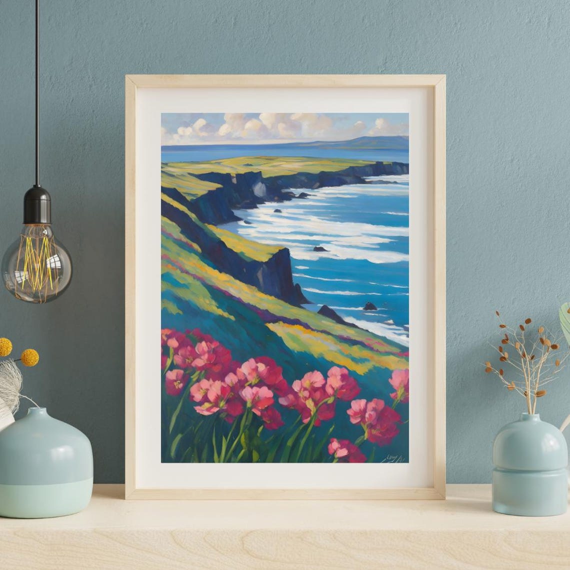 Vibrant Coastal Cliffs Landscape with Pink Wildflowers Art Poster