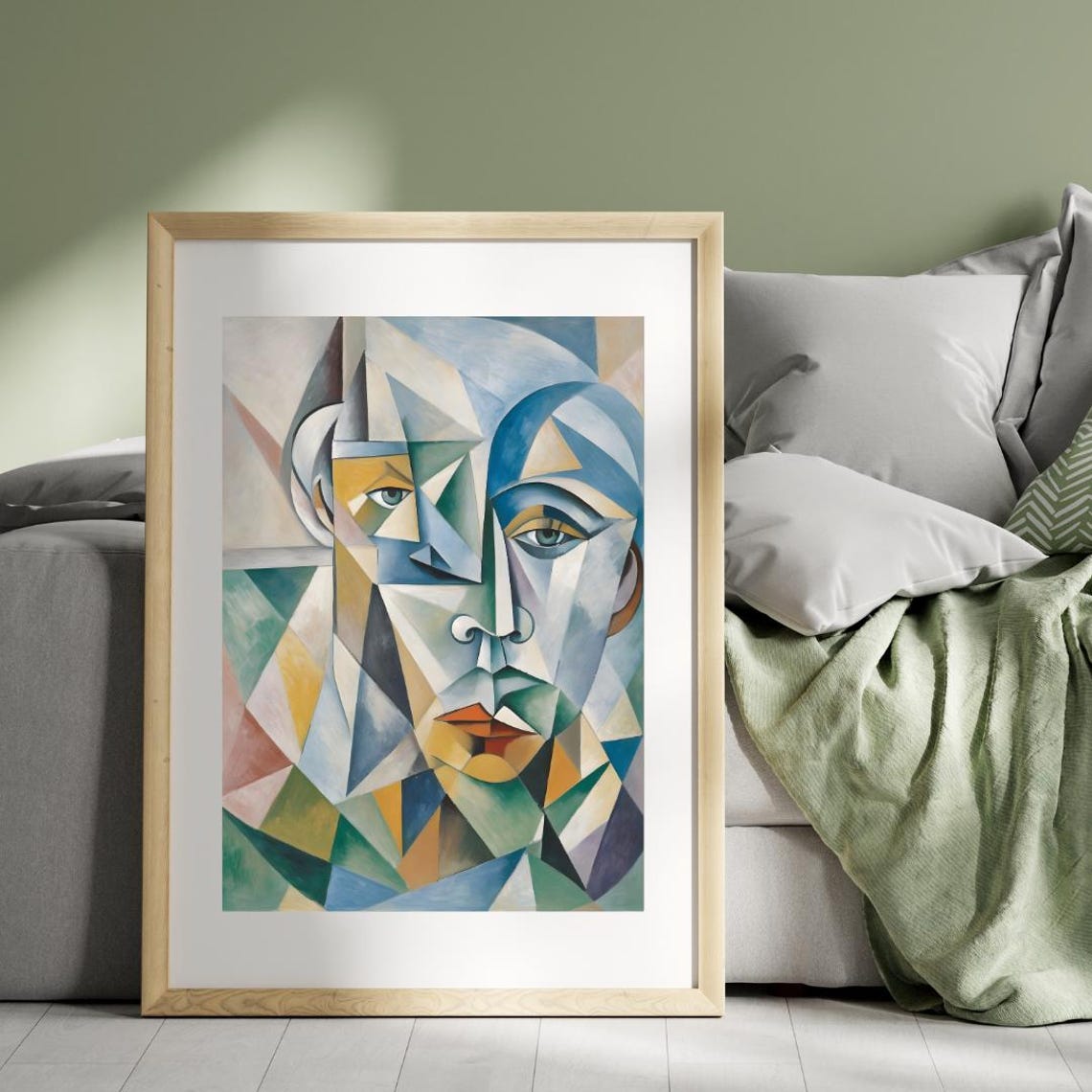 Cubist Geometric Abstract Face in Cool Blue and Gold Tones Poster - Image 3