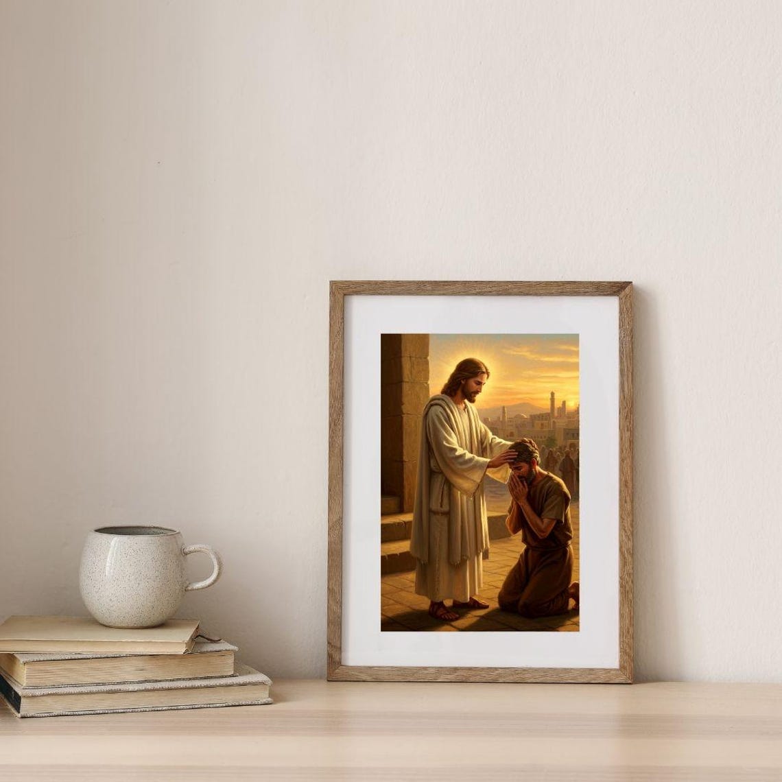 Jesus Healing the Kneeling Blind Man at Golden Sunset Art Poster - Image 2