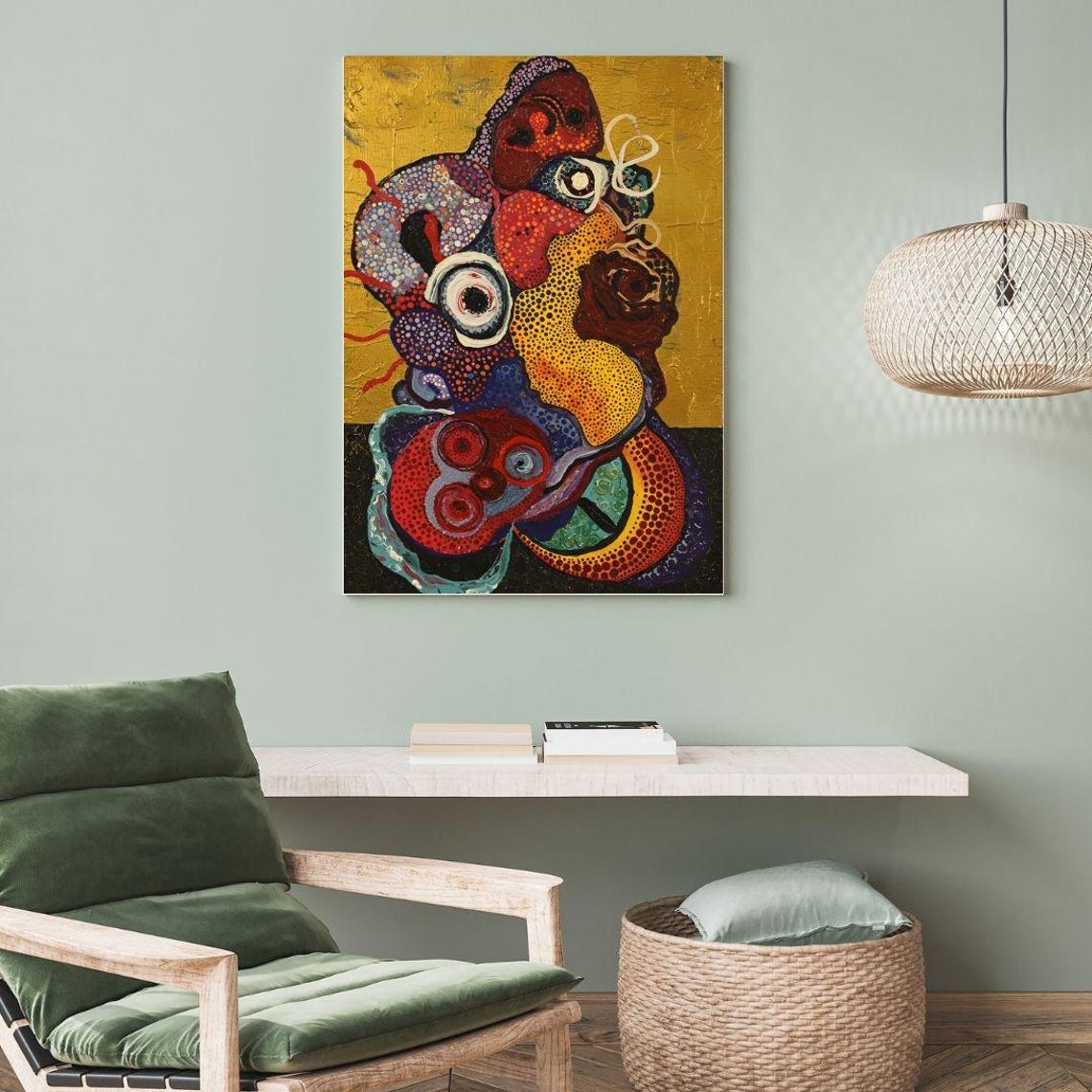 Psychedelic Dot Art Abstract with Organic Shapes on Gold Poster - Image 3