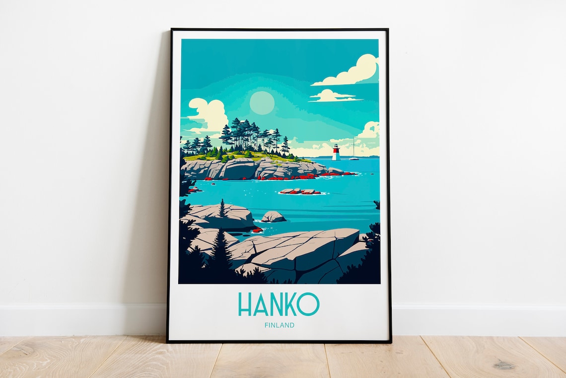 Hanko Finland Rocky Coast Lighthouse Pines Vintage Travel Poster