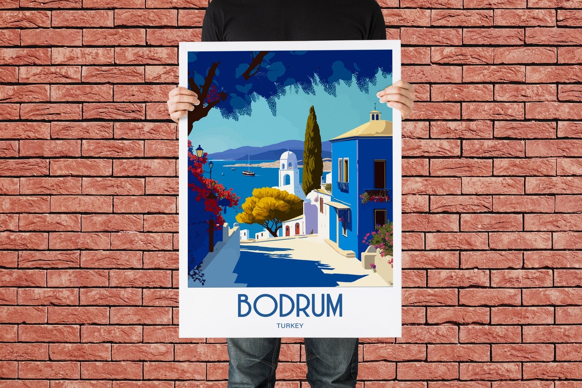 Bodrum Turkey Blue Coastal Street Sea View Vintage Travel Poster - Image 3