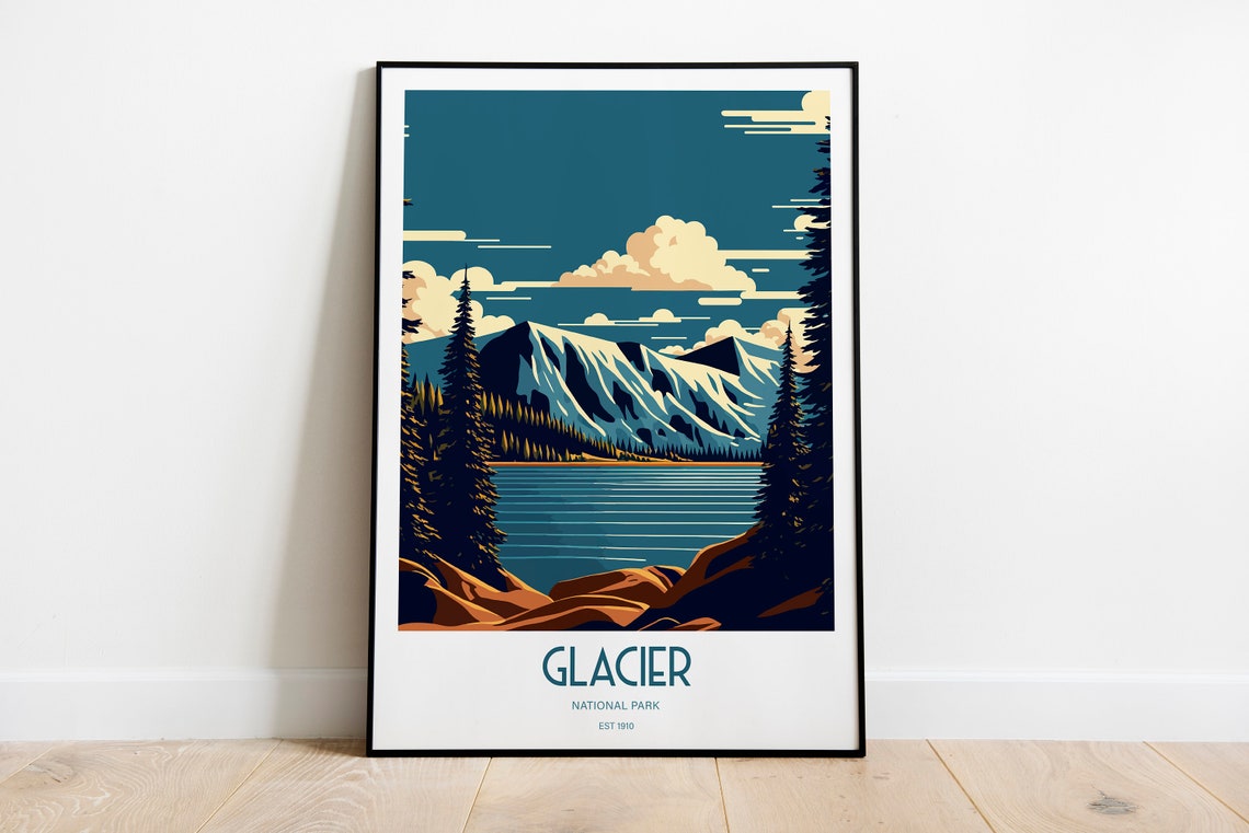 Glacier National Park Snowy Peaks Blue Mountain Lake Poster Art