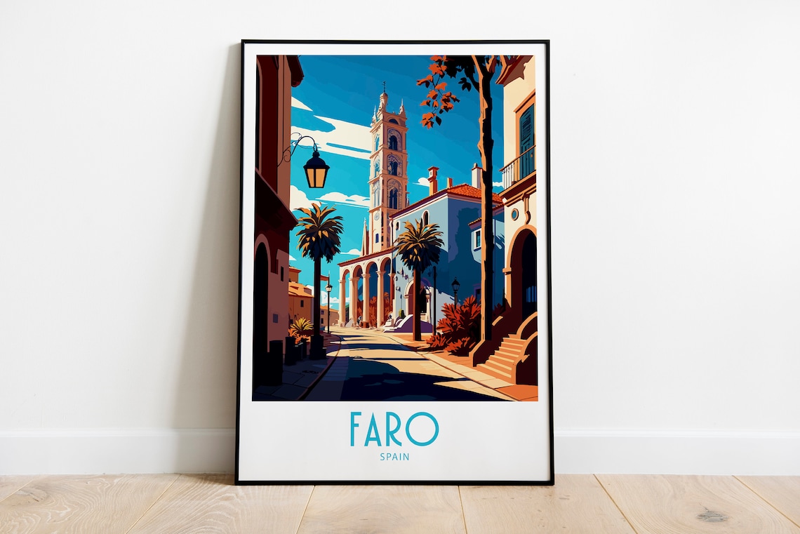 Faro Sunny Old Town Bell Tower Palm Street Vintage Travel Print