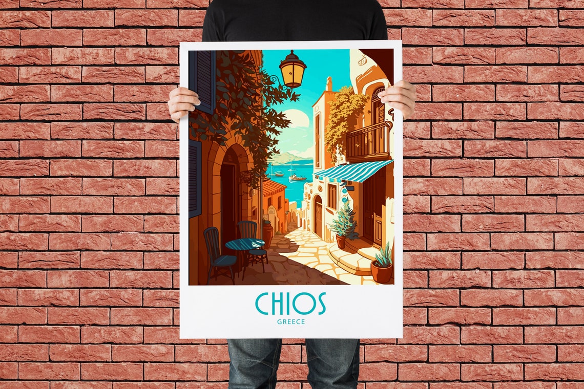 Vintage Chios Greece Travel Poster Old Town Alley Sea View Art - Image 2