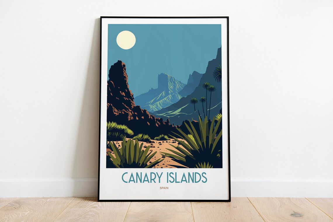 Canary Islands Spain Retro Travel Poster with Palms and Peaks