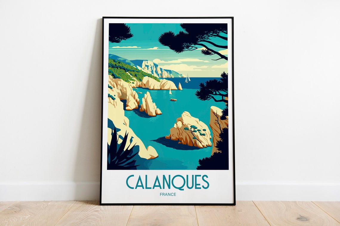 Calanques France Limestone Cliffs Turquoise Cove Travel Poster