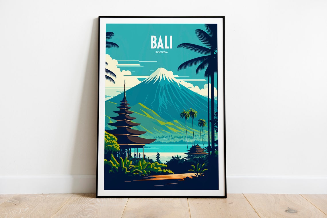 Bali Indonesia Retro Travel Poster with Temple and Volcano Views