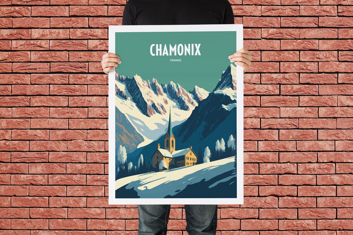 Chamonix France Snow Peaks Village Church Vintage Travel Poster - Image 4