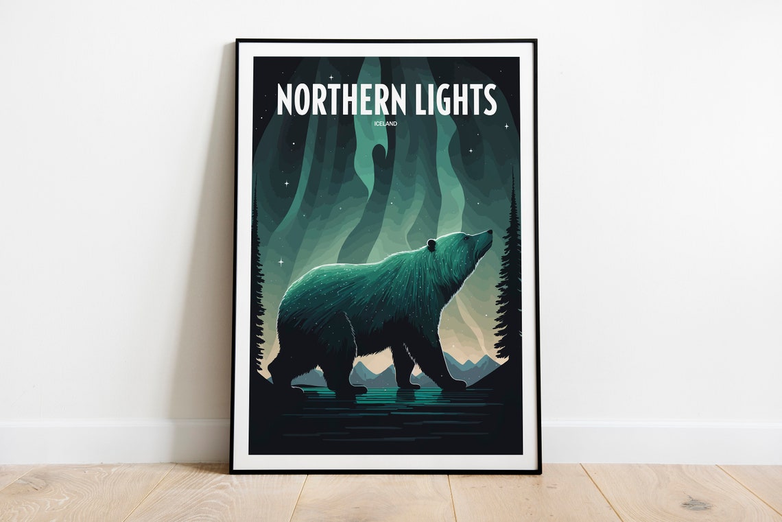 Northern Lights Iceland Travel Print Iceland Travel Art Northern Lights Travel Print Iceland Landmark Print Northern Travel Poster