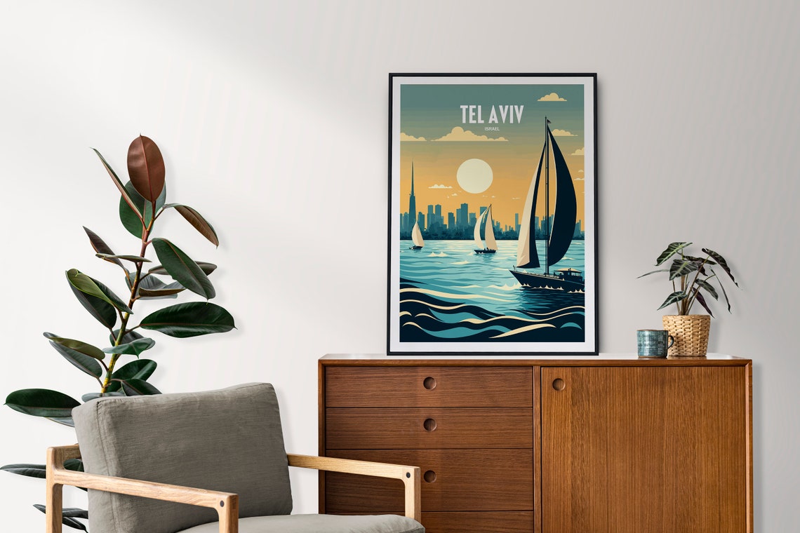 Tel Aviv Israel Sunset Sailboats Skyline Retro Travel Art Poster - Image 2
