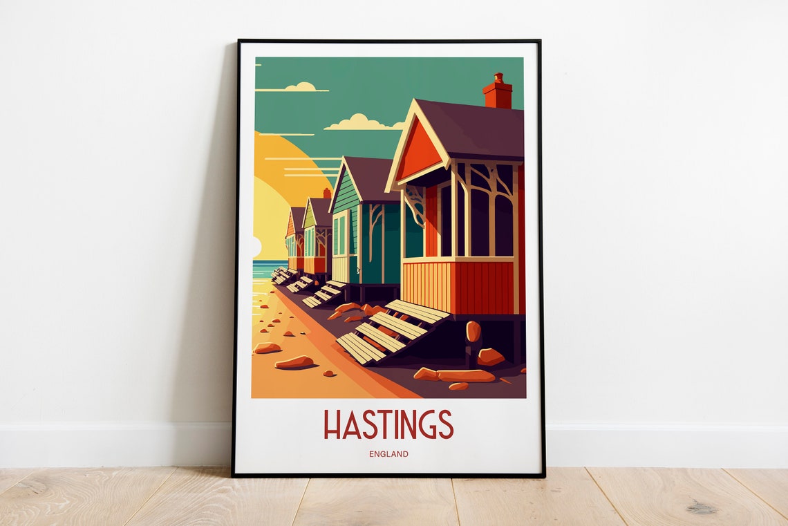 Hastings England Seaside Beach Huts Sunset Travel Poster Art